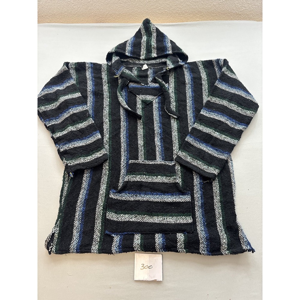 ARTESANIAS Mens XL Baja Hoodie Pullover Black Blue Green Striped Serape Mexico